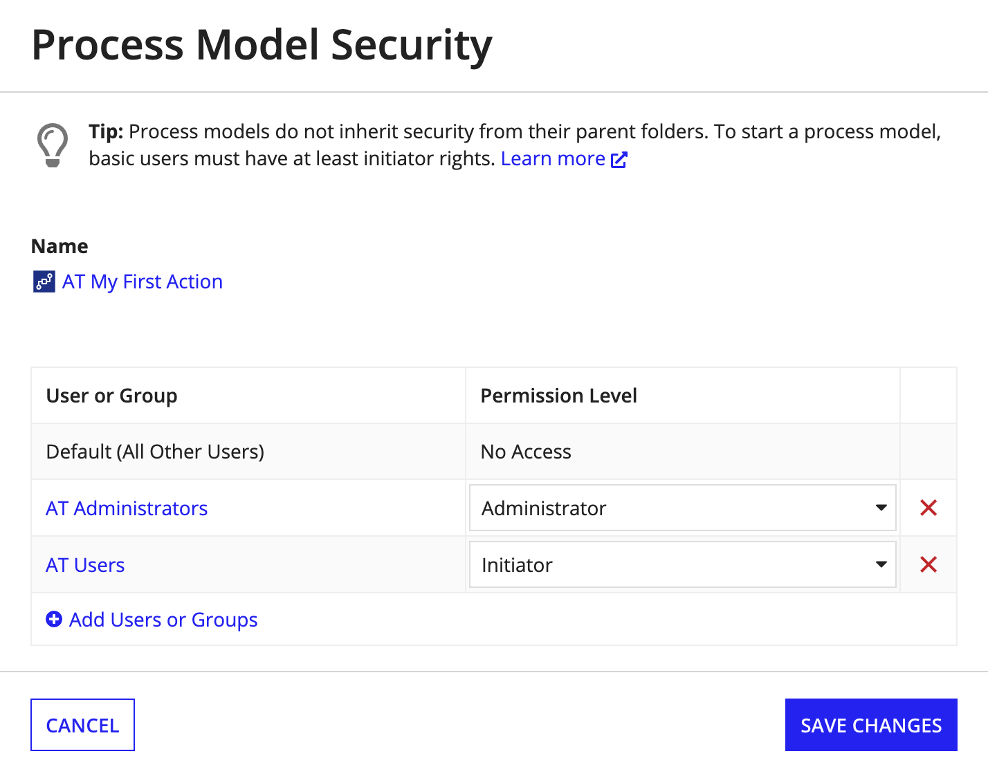 screenshot of the process model security dialog