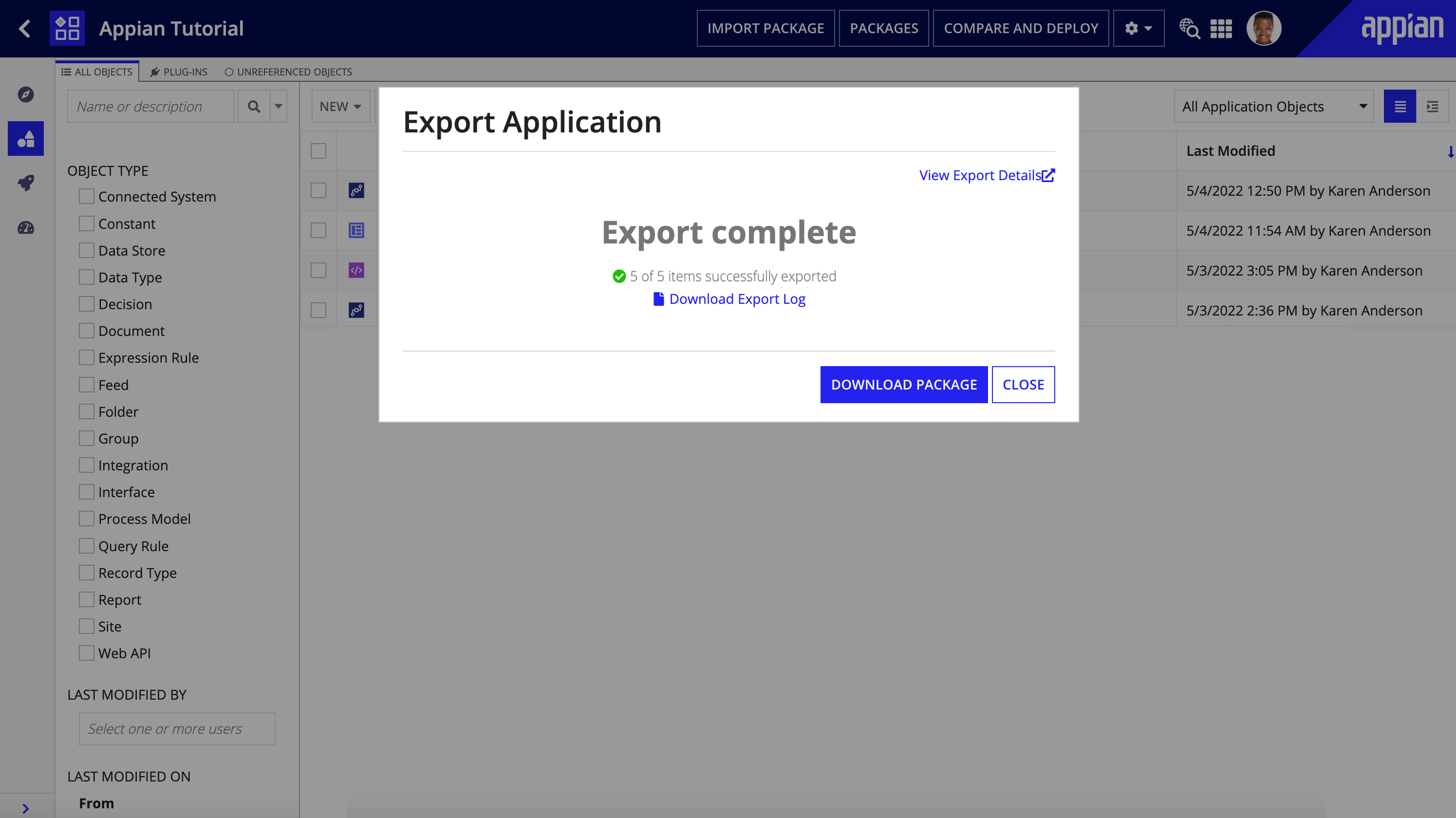 screenshot of the Export Application dialog