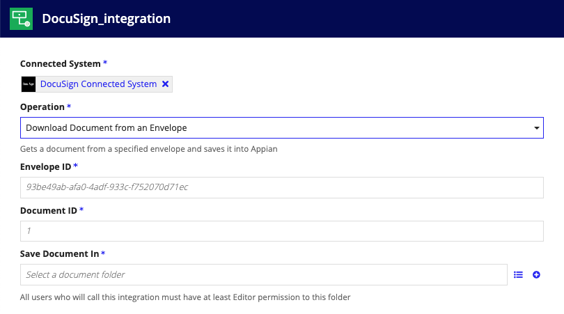 screenshot of the Download Document from an Enveloper operation selected in a DocuSign integration object