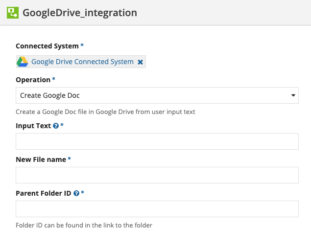 screenshot of a Create Google Doc operation selected in an integration object