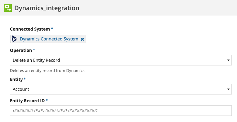 screenshot of the Delete an Entity Record operation selected in a Microsoft Dynamics 365 integration object