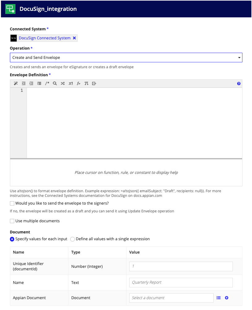 screenshot of the Create and Send Envelope operation selected in a DocuSign integration object