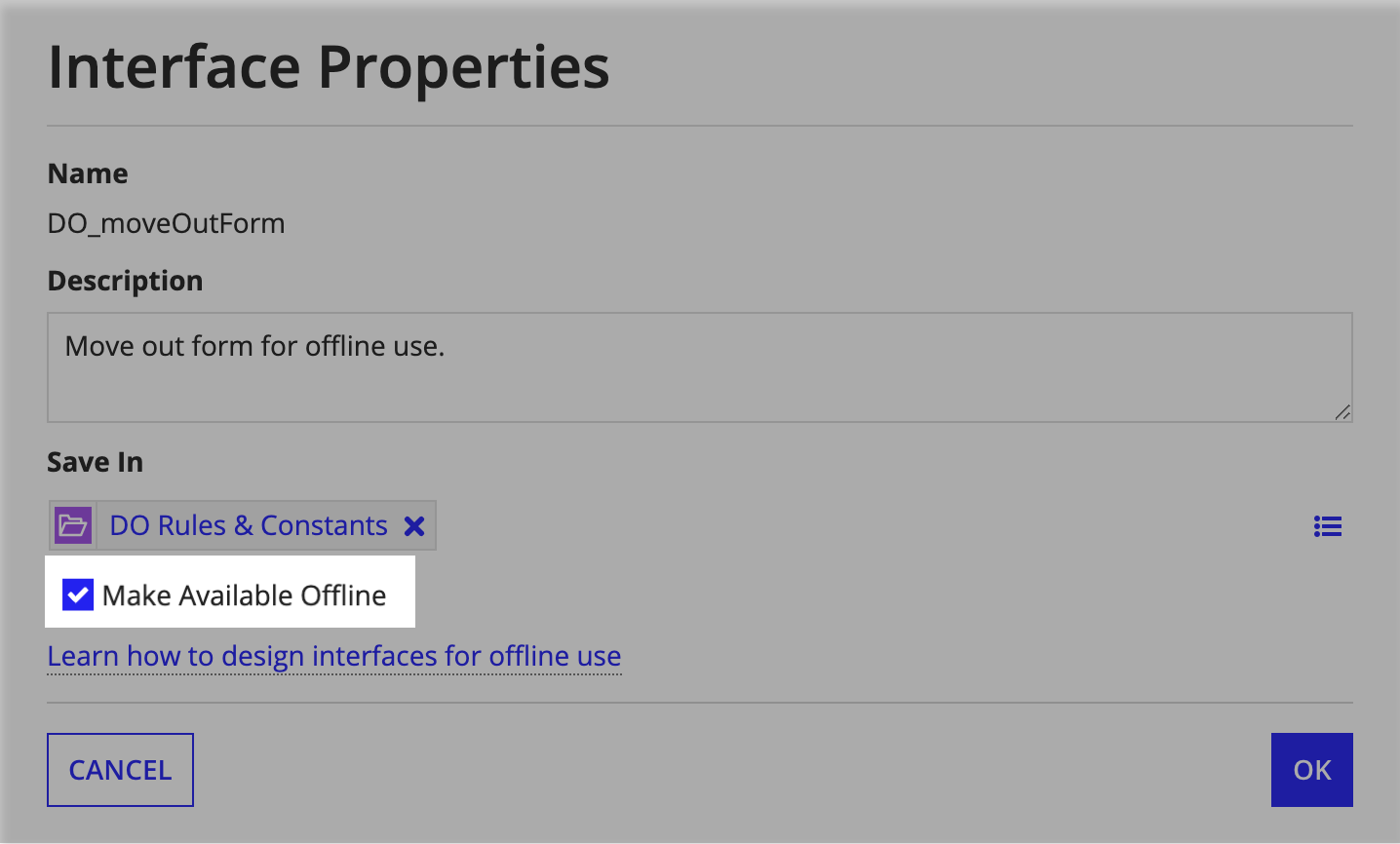 screenshot of the interface properties dialog with the "Make Available Offline" checkbox selected