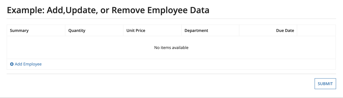 screenshot of an empty editable grid with columns for "summary", "quantity", "unit price", "department", and "due date"