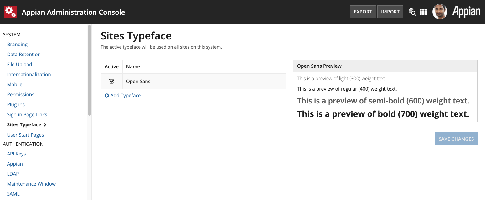 screenshot of the sites typefaces page in the Admin Console with the default set to Open Sans