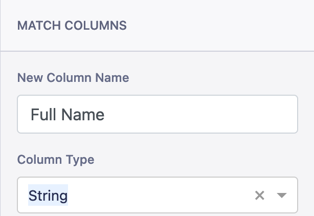 Screenshot of New Column Name field with string type