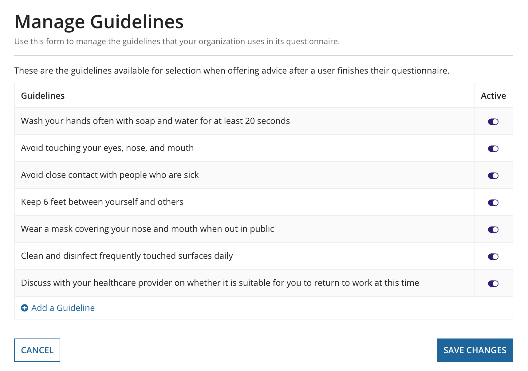 Manage guidelines