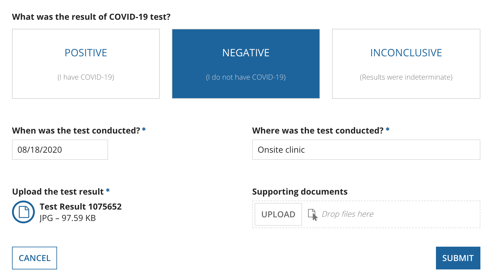 provide test result screen