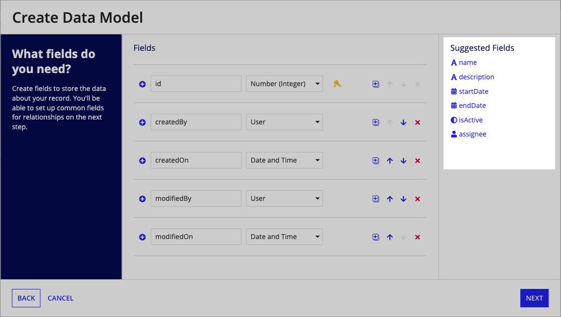 suggested fields highlighted in the Create Data Model dialog