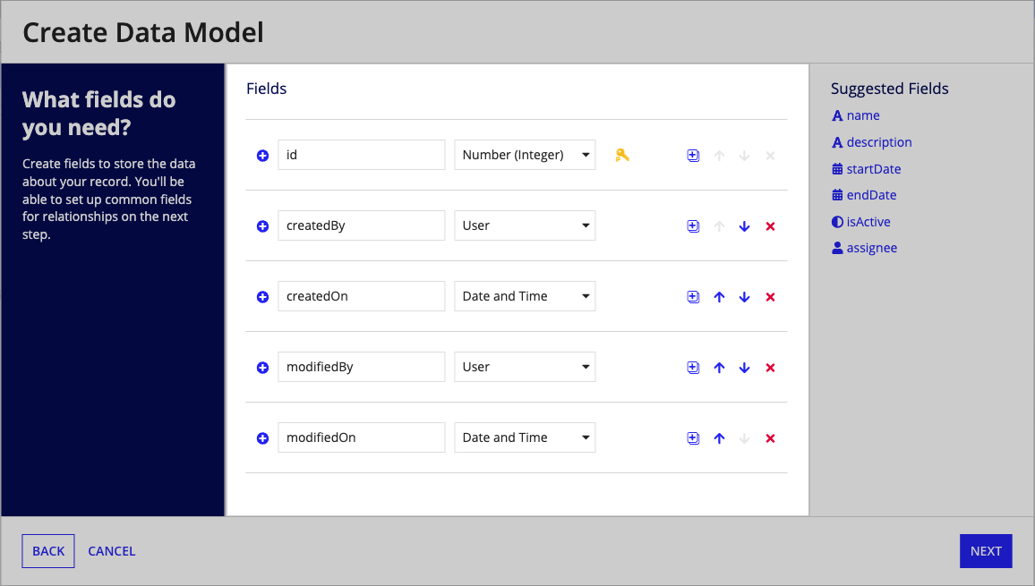 default fields highlighted in the Create Data Model dialog