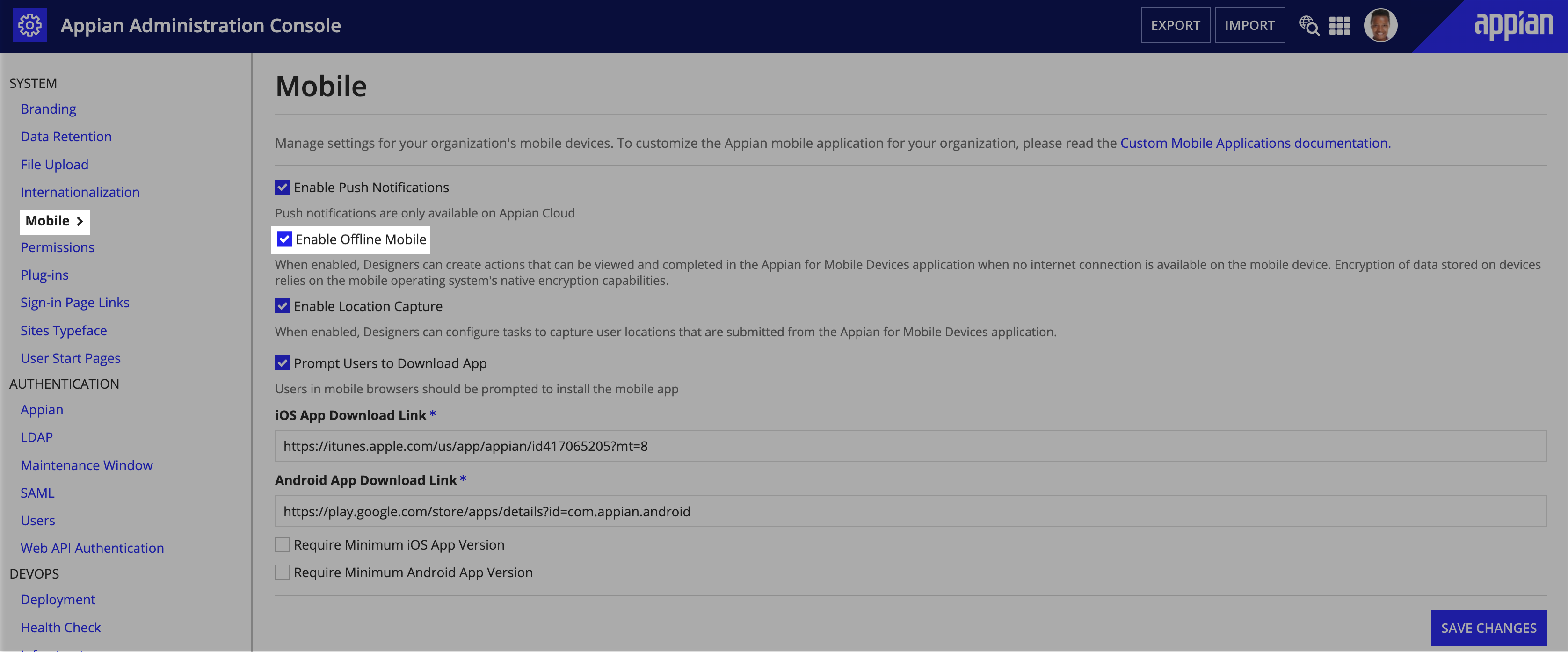 screenshot of the mobile tab in the Admin Console