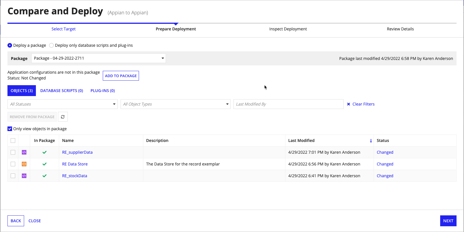 screenshot of the prepare deployment user interface for deploying a package