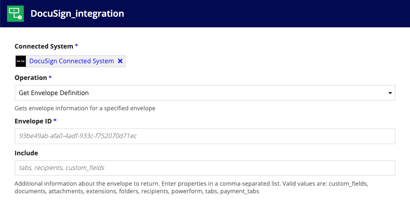 screenshot of the Get Envelope Definition operation selected in a DocuSign integration object