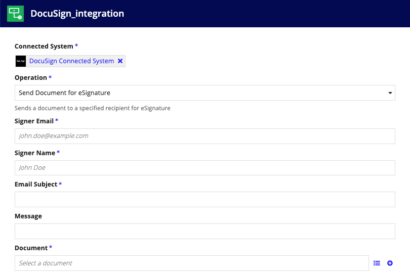 screenshot of the Send Document for eSignature operation selected in a DocuSign integration object