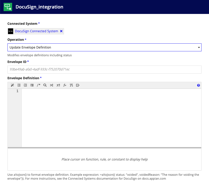 screenshot of the Update Envelope Definition operation selected in a DocuSign integration object