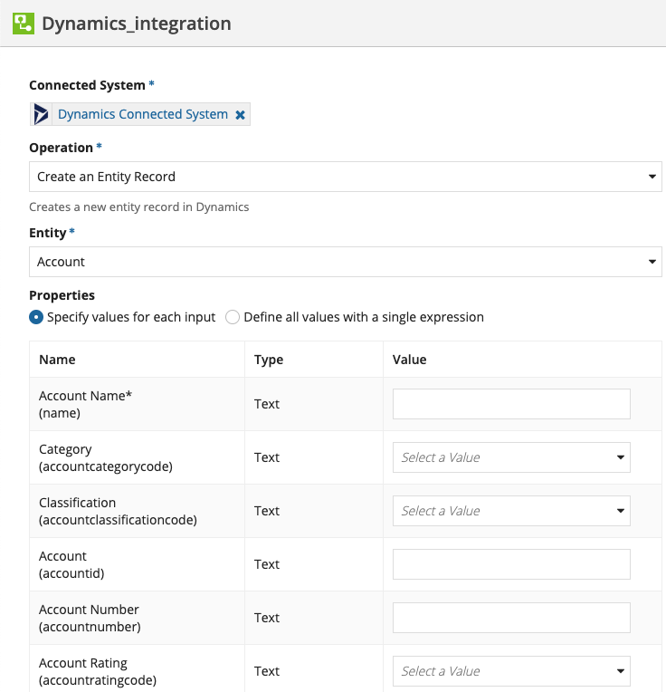 screenshot of the Create an Entity Record operation selected in a Microsoft Dynamics 365 integration object