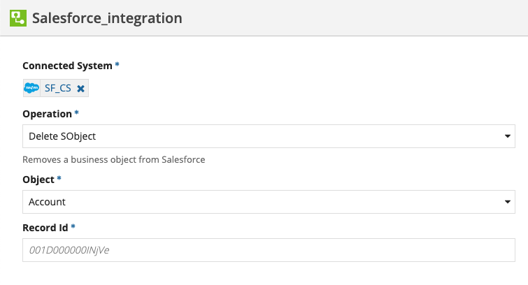 screenshot of the Delete SObject operation selected in a Salesforce integration object