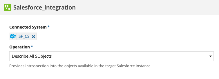 screenshot of the Describe All SObjects operation selected in a Salesforce integration object