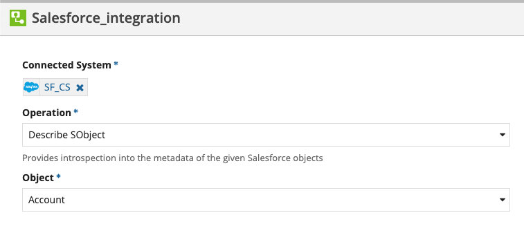 screenshot of the Describe SObject operation selected in a Salesforce integration object