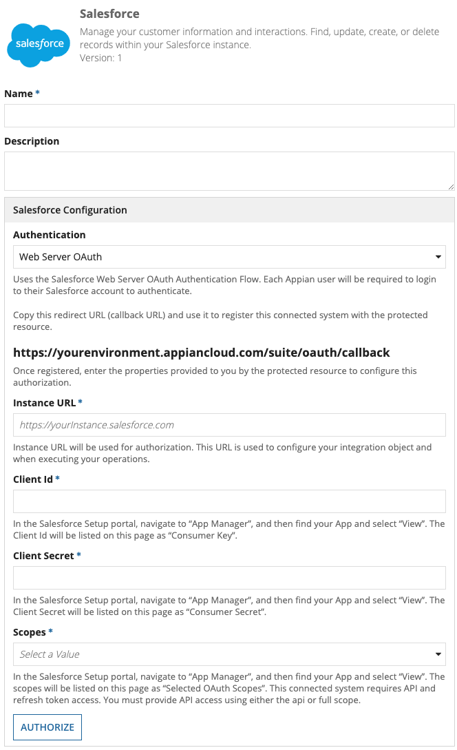 screenshot of the Web Server OAuth method of authentication selected in a Salesforce connected system object