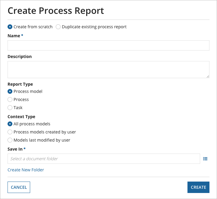blank Create Process Report dialog