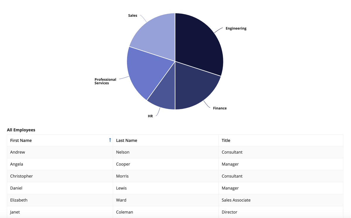 image of a pie chart with 5 slices above a read only grid with 4 rows displaying employee names and titles