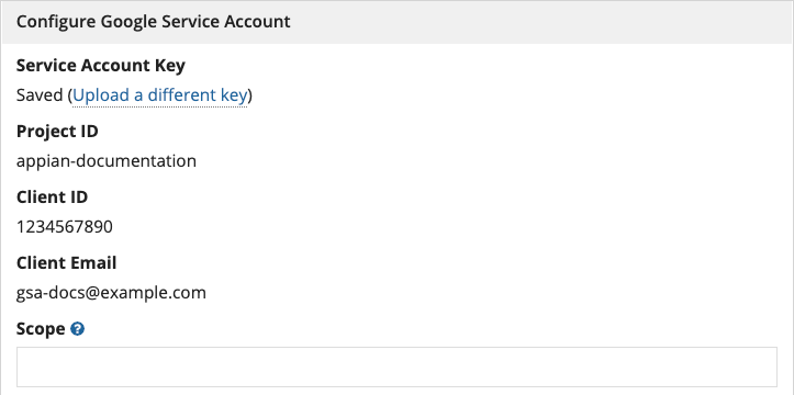 screenshot of filled form to upload a Google service account key