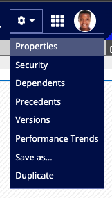 screenshot of the Properties option selected in the Settings menu