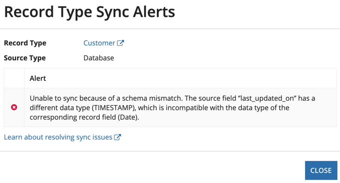 screenshot of an error in the record sync alert dialog