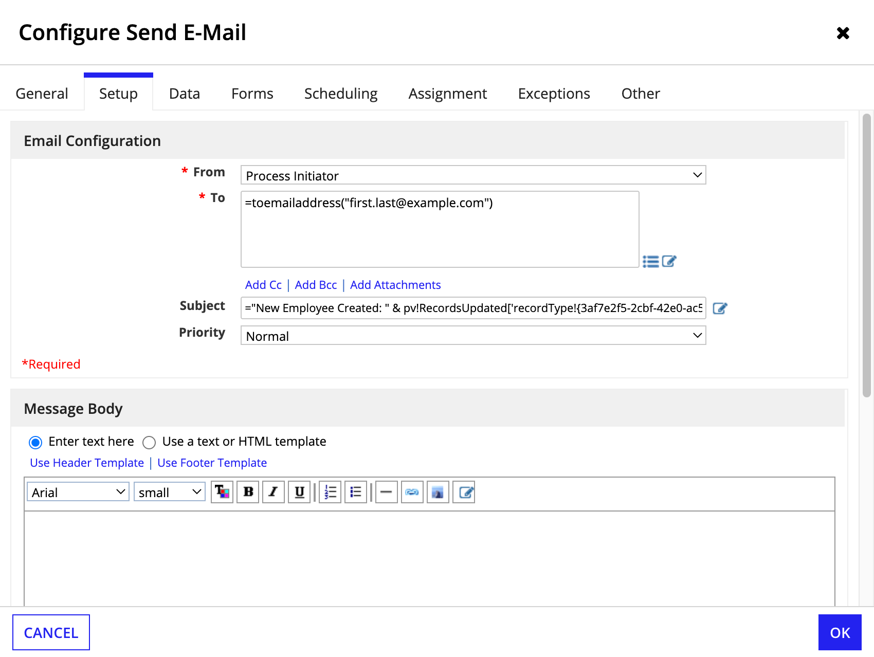 Example Send Email node configuration