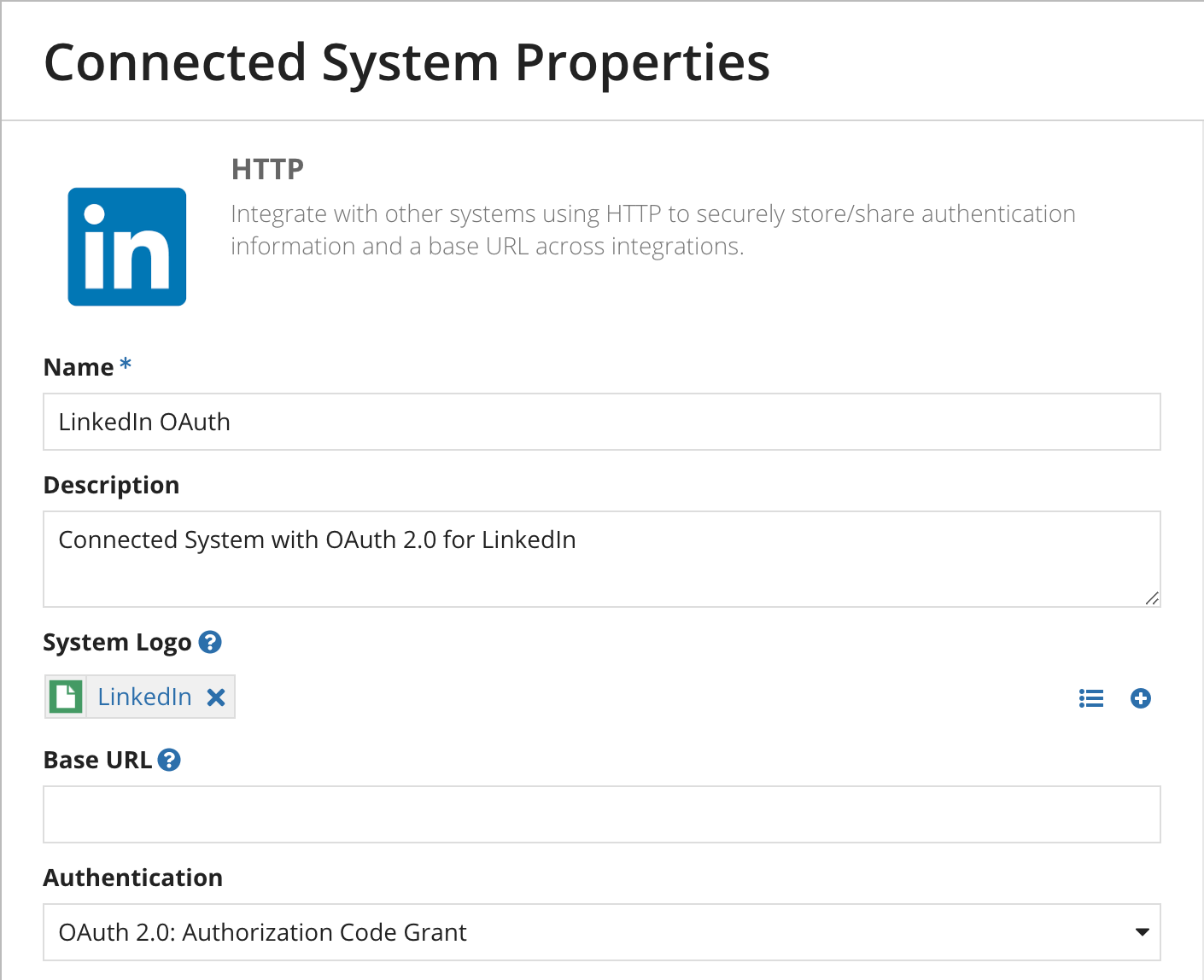 screenshot of an HTTP connected system configured with OAuth 2.0 authentication