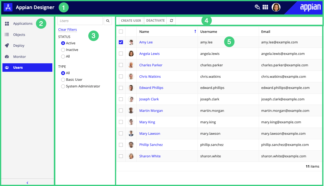 screenshot of the Users view in Appian Designer