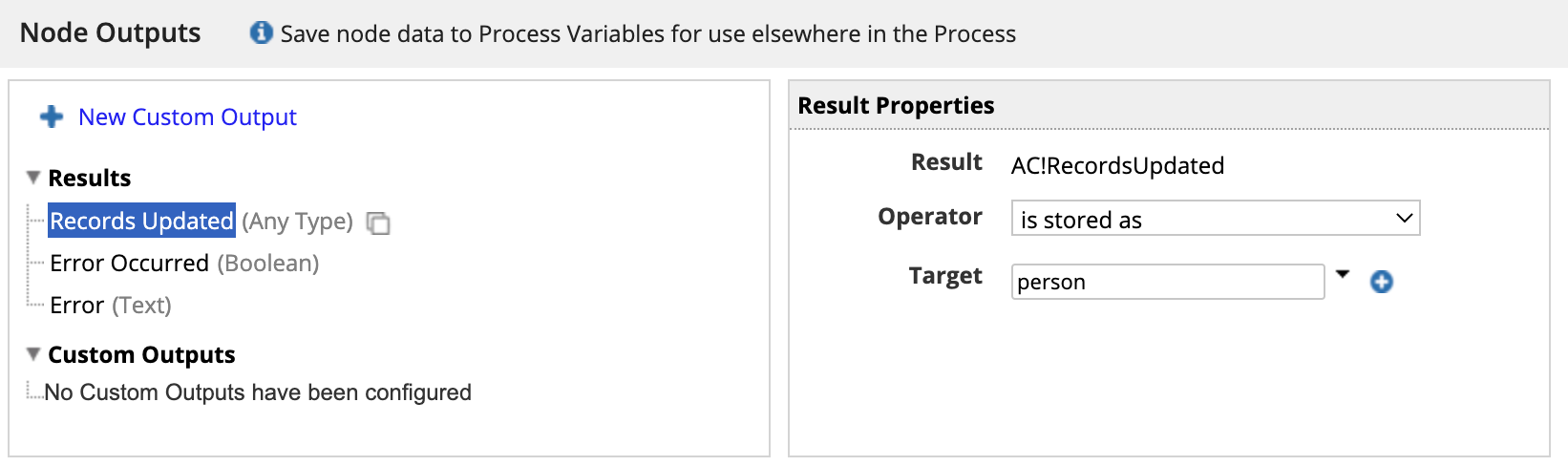 Records Updated output saved as person process variable