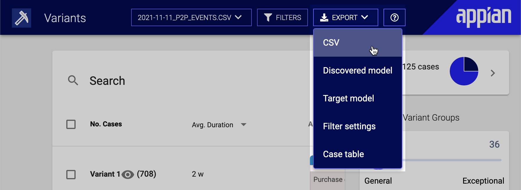 Export CSV option in Export menu