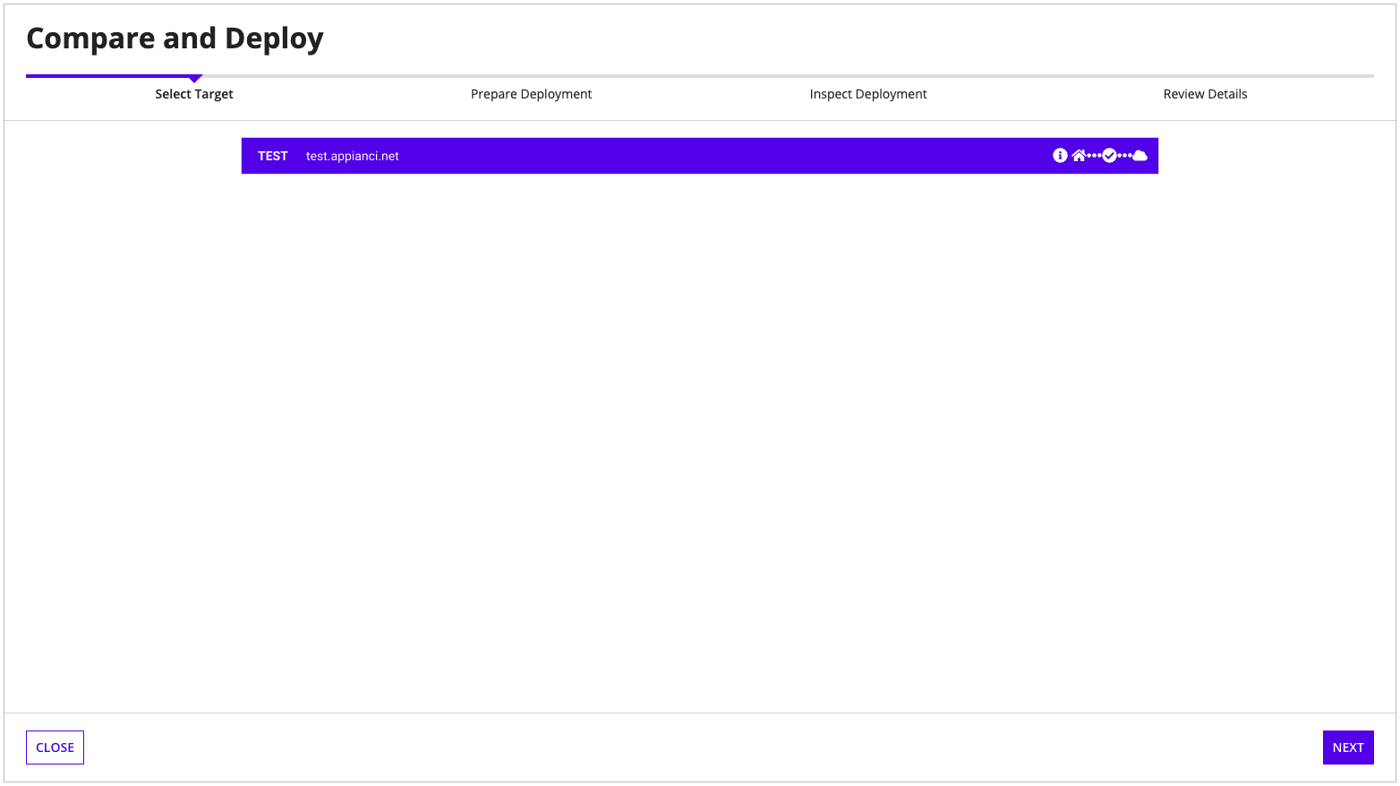 screenshot of the select a target environment user interface