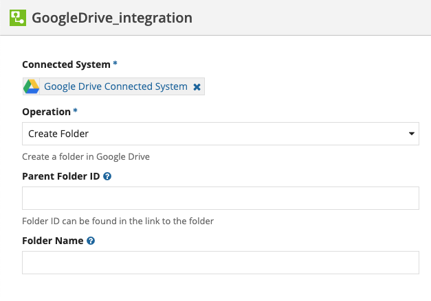 screenshot of the Create Folder operation selected in an integration object