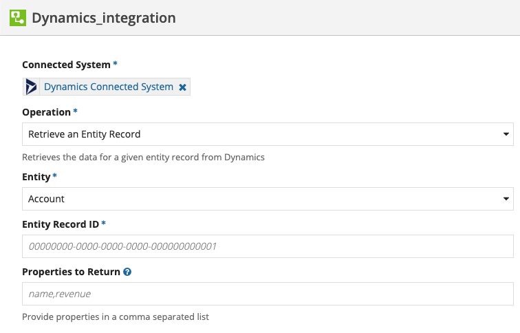 screenshot of the Retrieve an Entity Record operation selected in a Microsoft Dynamics 365 integration object