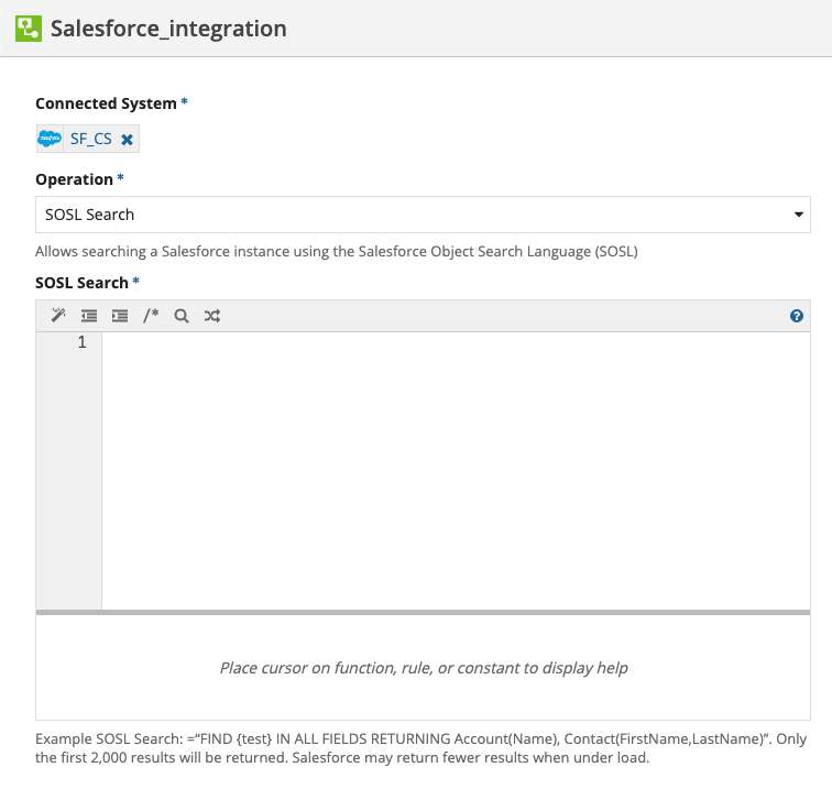 screenshot of the SOSL Search operation selected in a Salesforce integration object