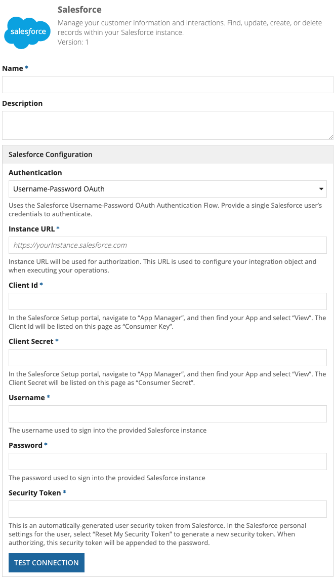 screenshot of the User-Password OAuth method of authentication selected in a Salesforce connected system object