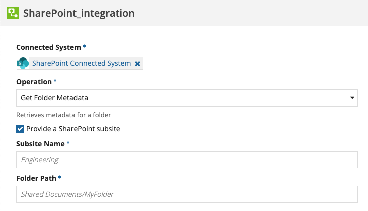 screenshot of the Get Folder Metadata operation selected in an integration object