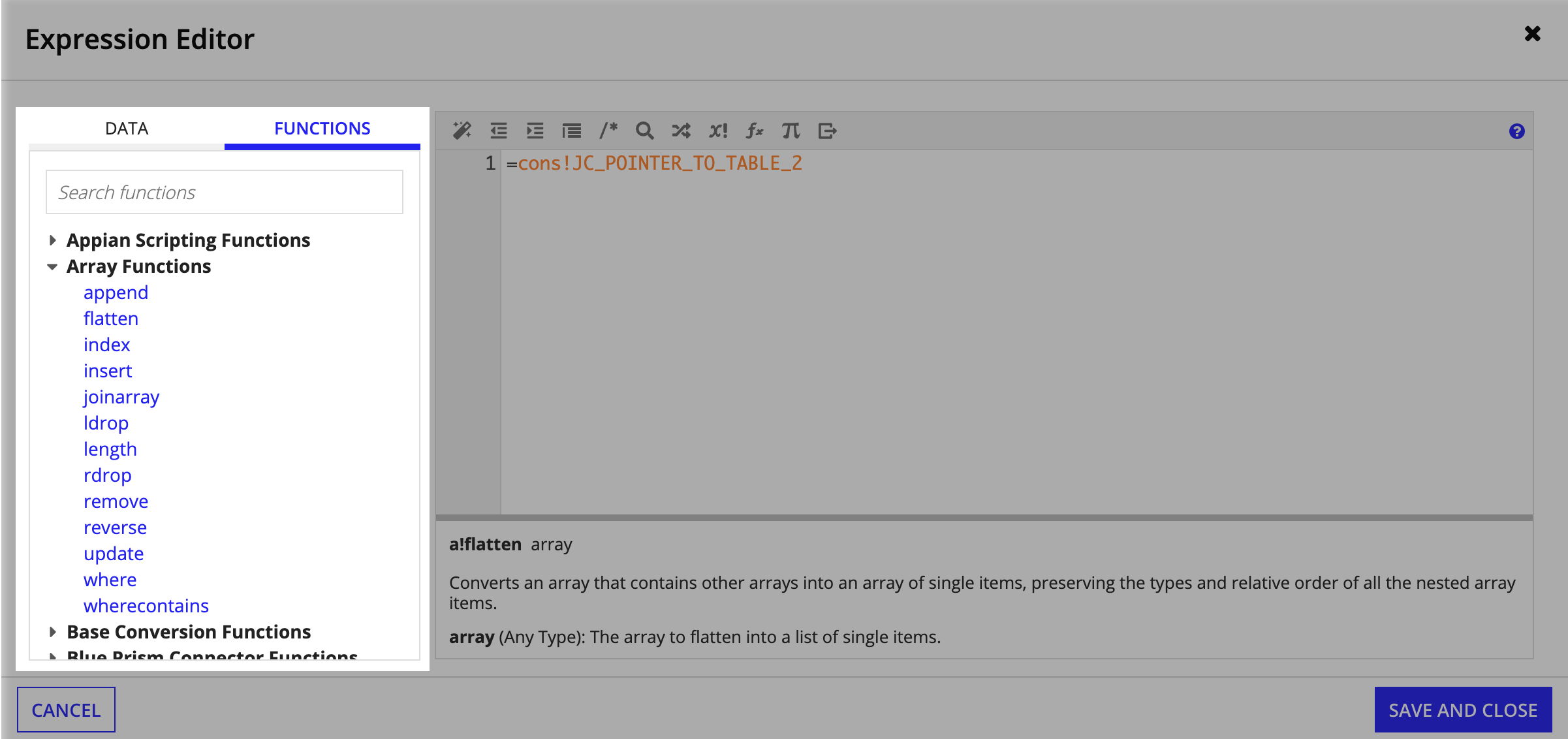 screenshot of the FUNCTIONS tab in the Expression Editor in process model