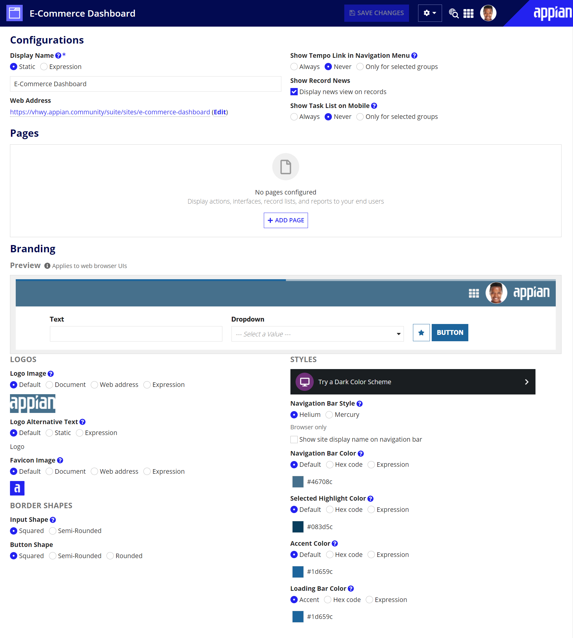screenshot of the sites page