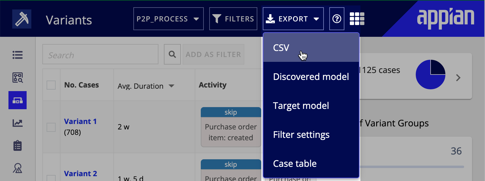 Export CSV option in Export menu