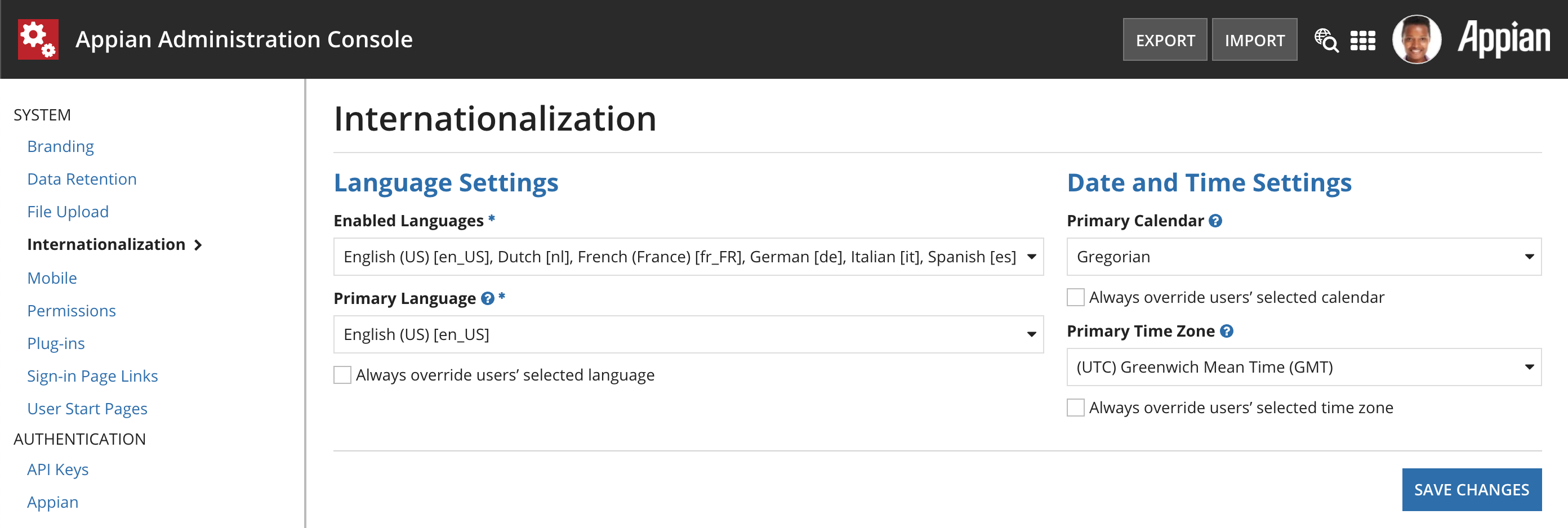 Internationalization settings