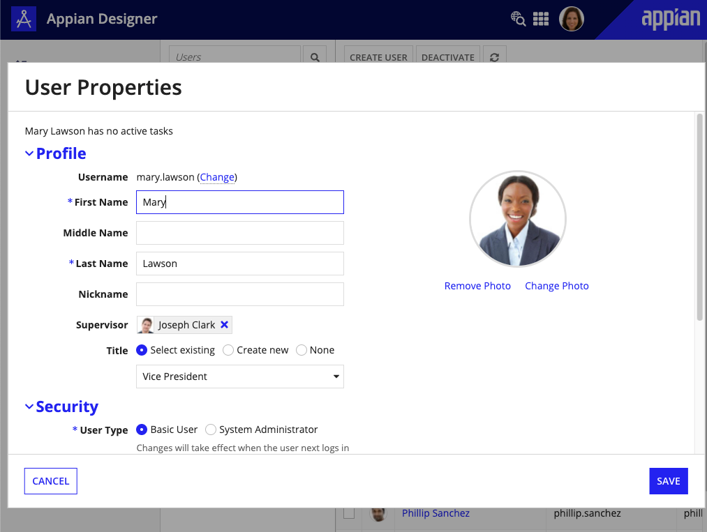 screenshot of the Update User Properties dialog in Appian Designer