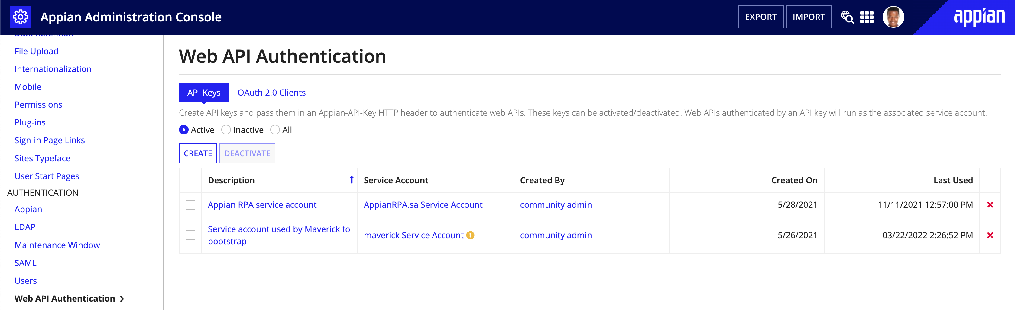 screenshot of the API key page