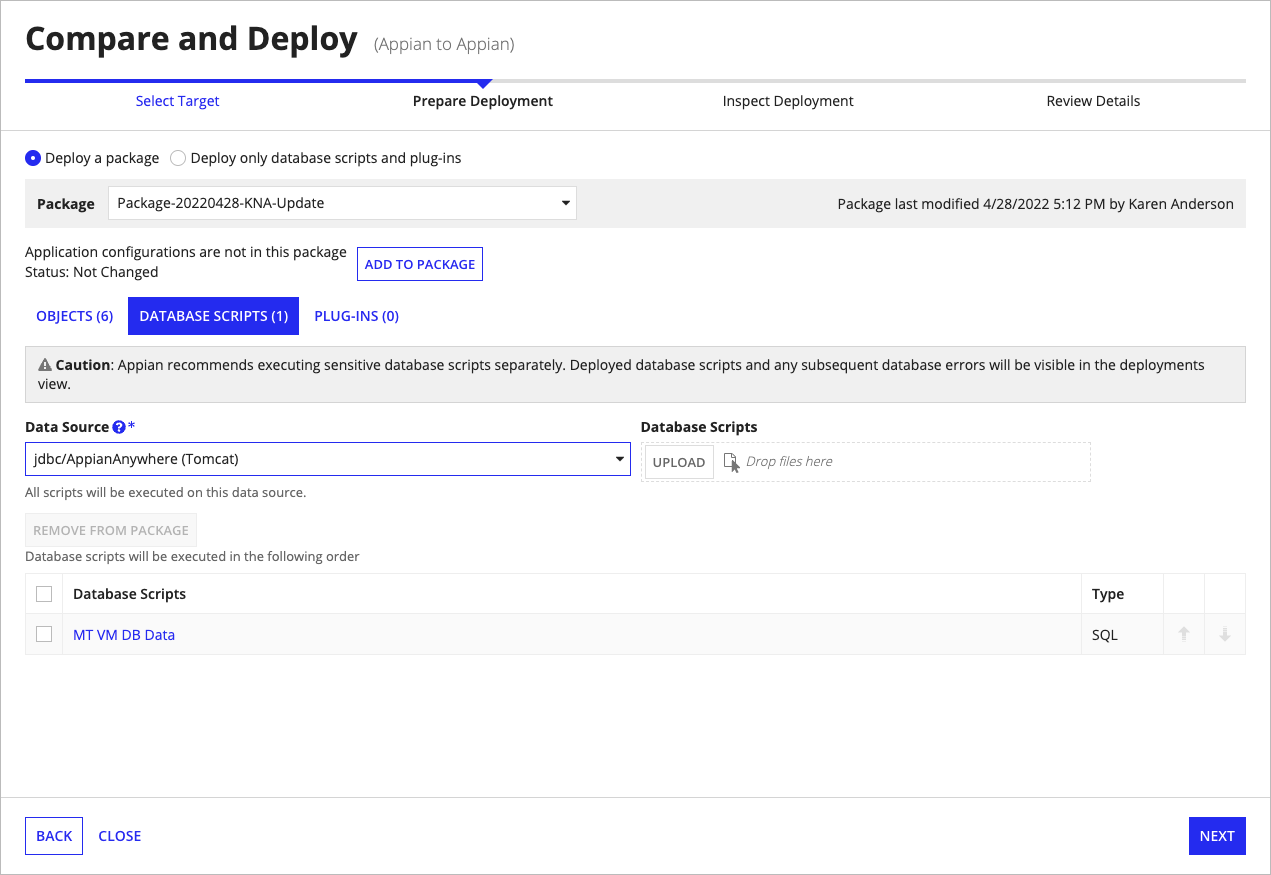 screenshot of the prepare deployment user interface for deploying only database scripts