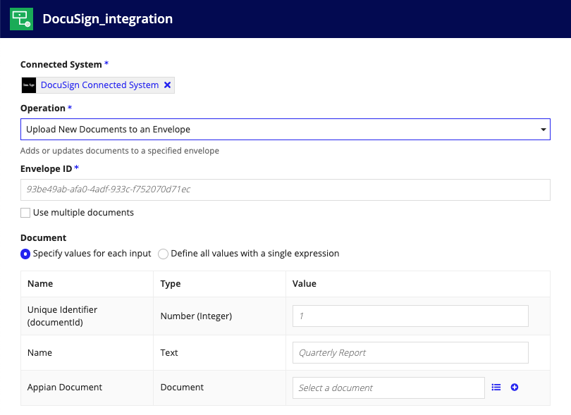 screenshot of the Upload New Documents to an Envelope operation selected in a DocuSign integration object