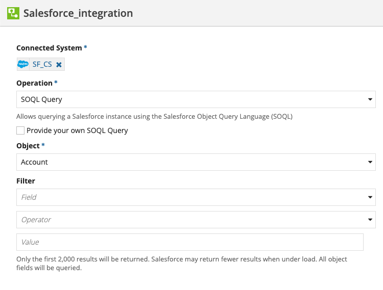 screenshot of the SOQL Query operation selected in a Salesforce integration object