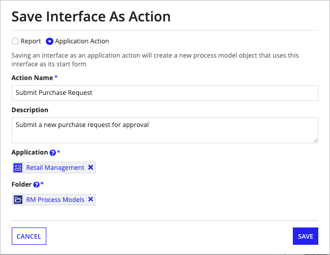 /interface object save interface as application action